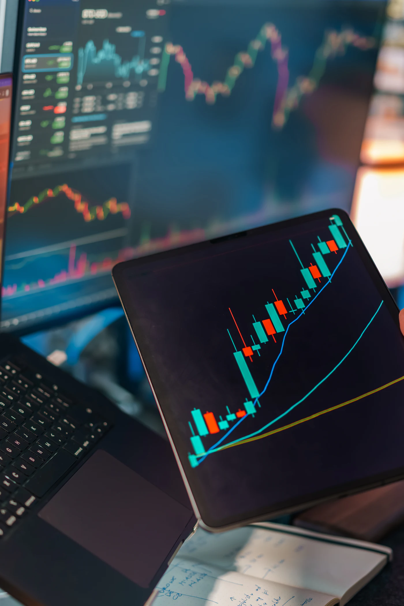 Trader reviewing candlestick charts on a tablet in front of market screens