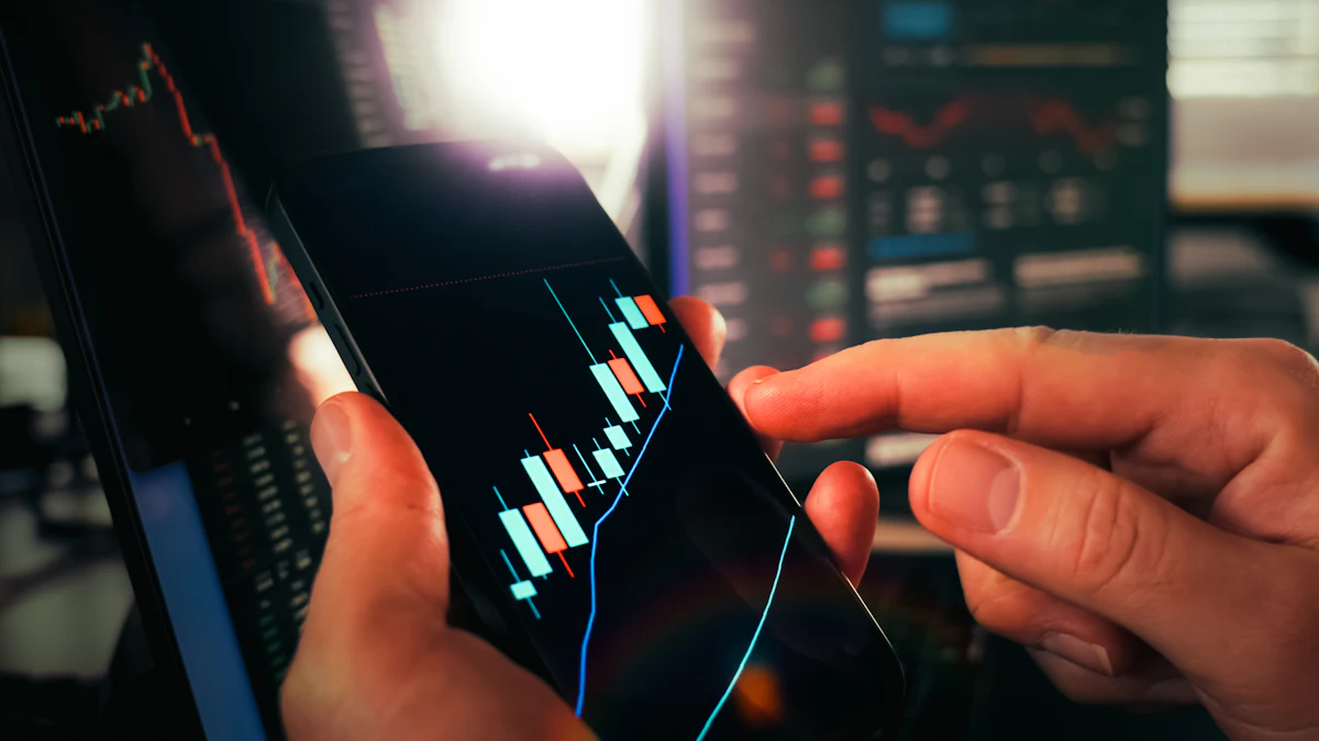 Hands holding a phone showing a candlestick chart