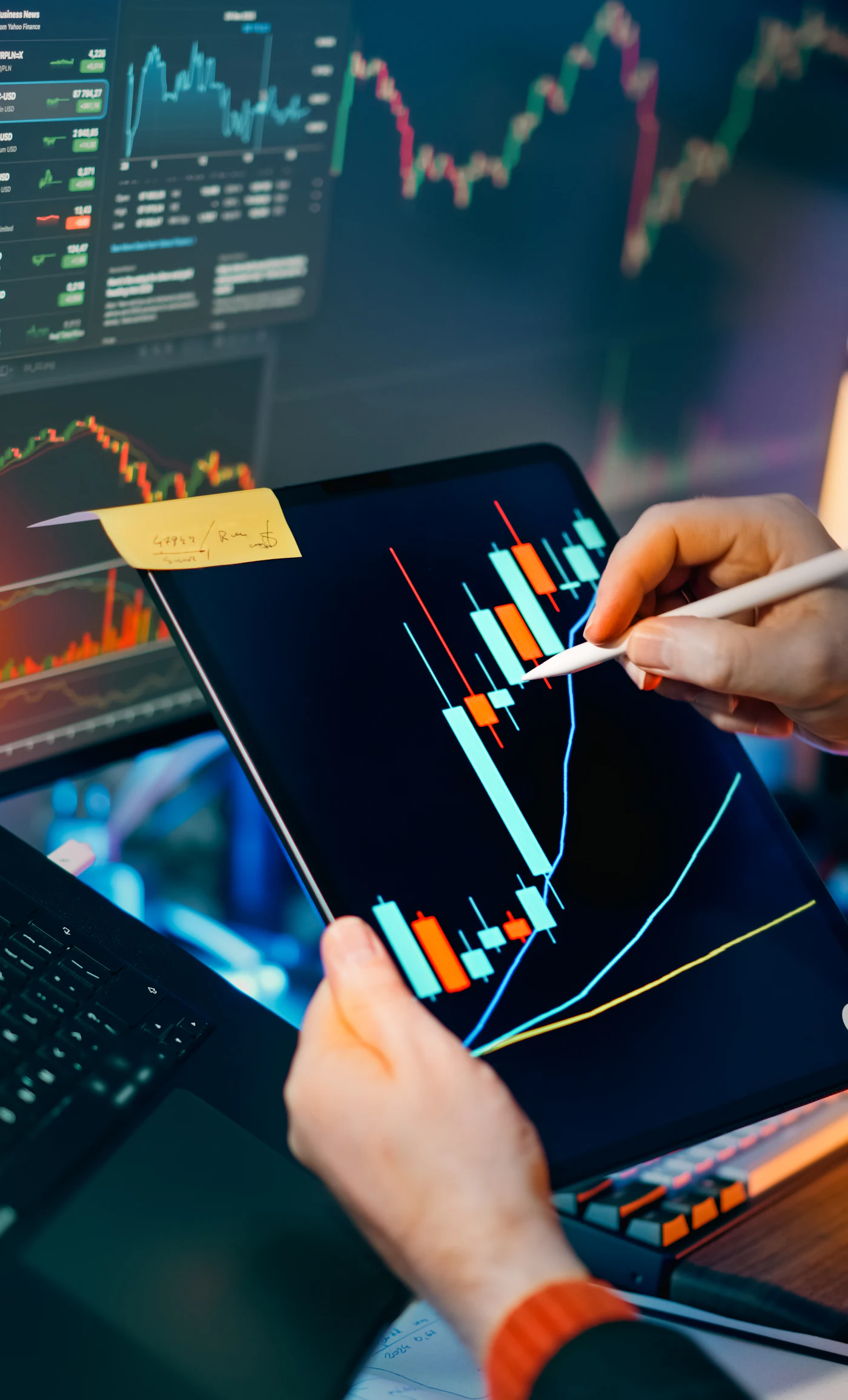 Trader marking a candlestick chart on a tablet